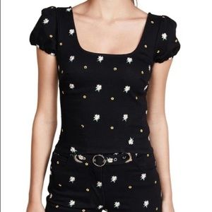 MIAOU - Kelly Cap Sleeve Top In Black Embroidery